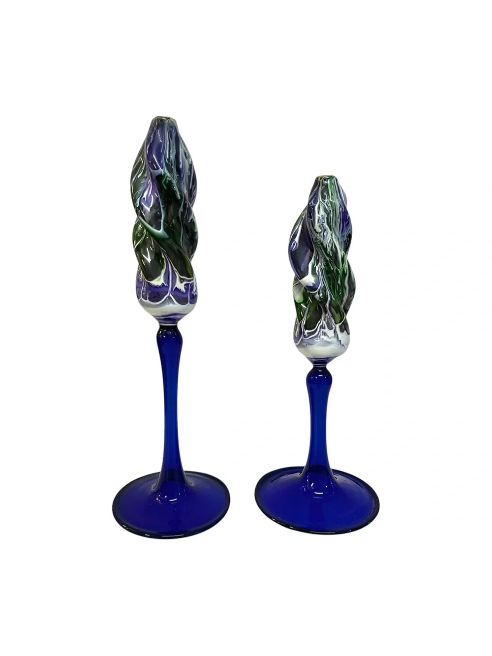 Vintage Hand Blown Art Glass Stemmed Oil Lamps Candlesticks Pair Cobalt Blue